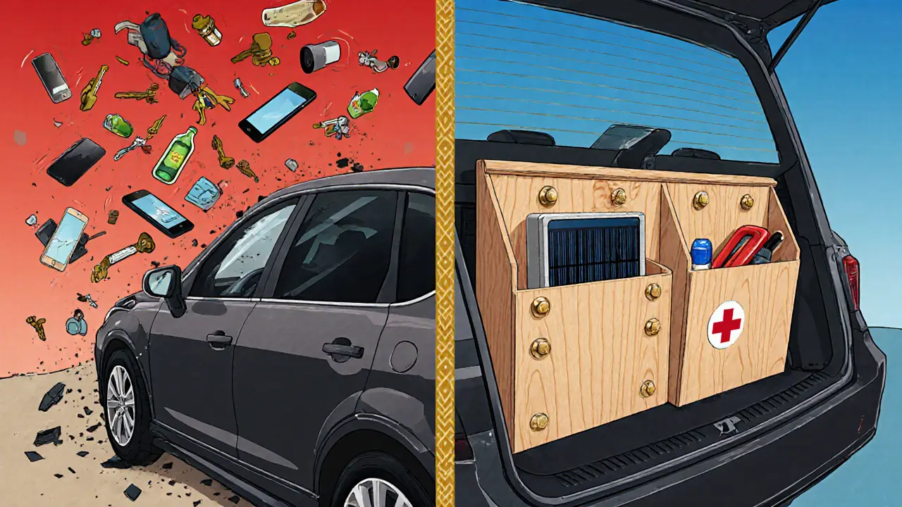 Сравнение хаоса при торможении и упорядоченного багажника с деревянным органайзером.