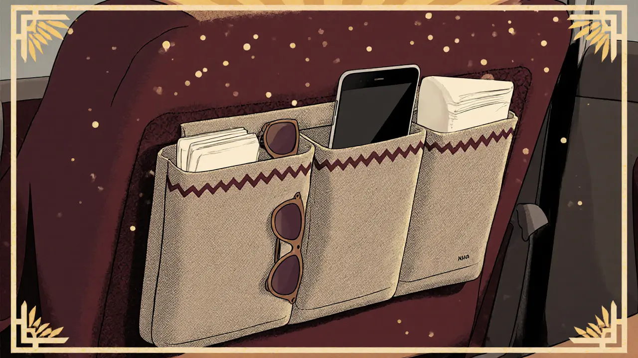 Текстильный карман между сиденьями с очками, телефоном и салфетками, закрепленный липучкой.