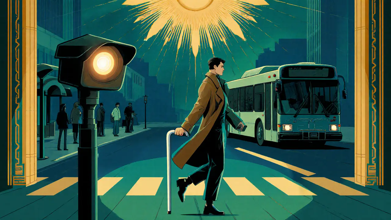 Пешеход с тростью под наблюдением камеры, рядом останавливается автобус, фон — геометрический узор.