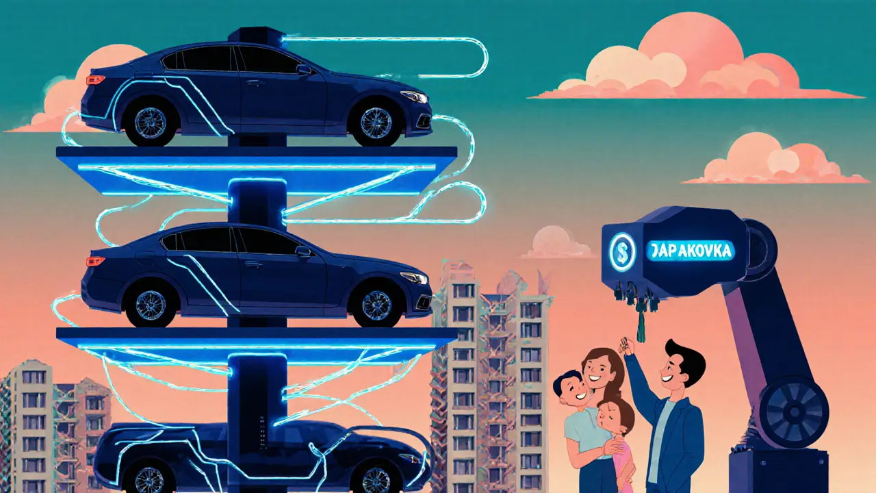 Шестиуровневая роботизированная парковка в стиле ар-деко с движущимися платформами.