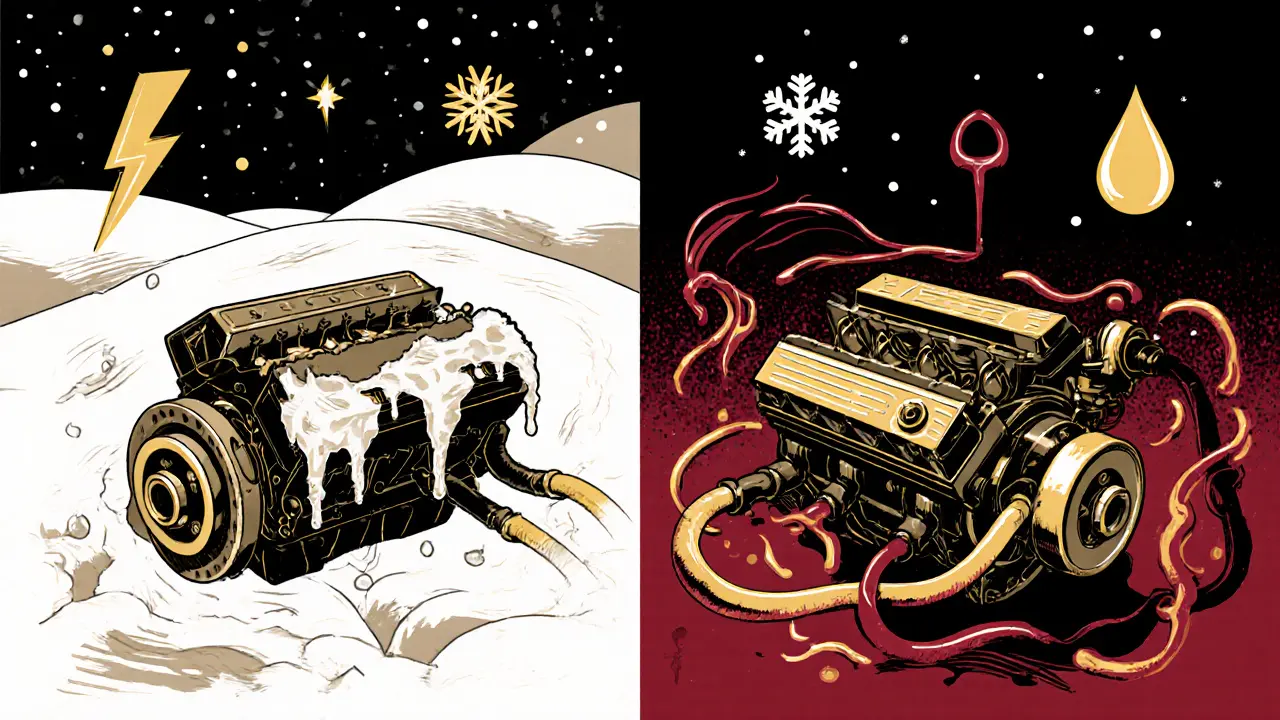 Сравнение последствий: поврежденный двигатель зимой и здоровый мотор с чистыми жидкостями в стиле ар-деко.