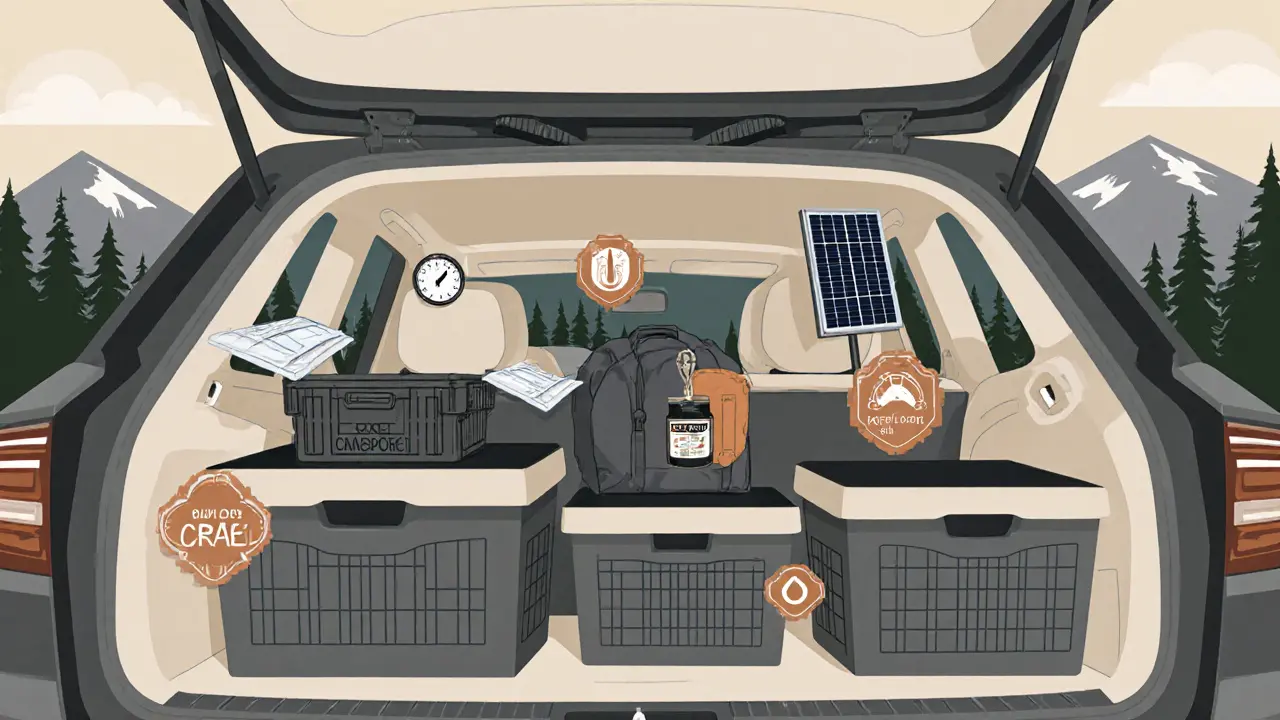 Аккуратно упакованный багажник с снаряжением для автокемпинга.