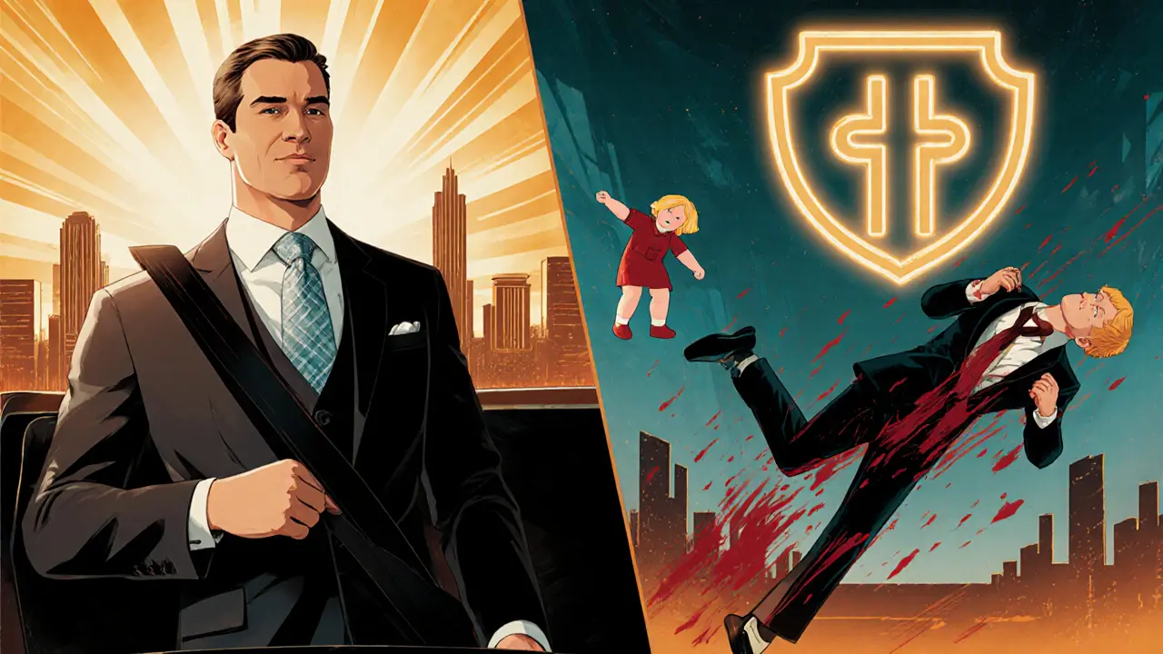 Два сценария: один человек пристегнут — спокоен, другой — в аварии, разлетающийся в осколках.