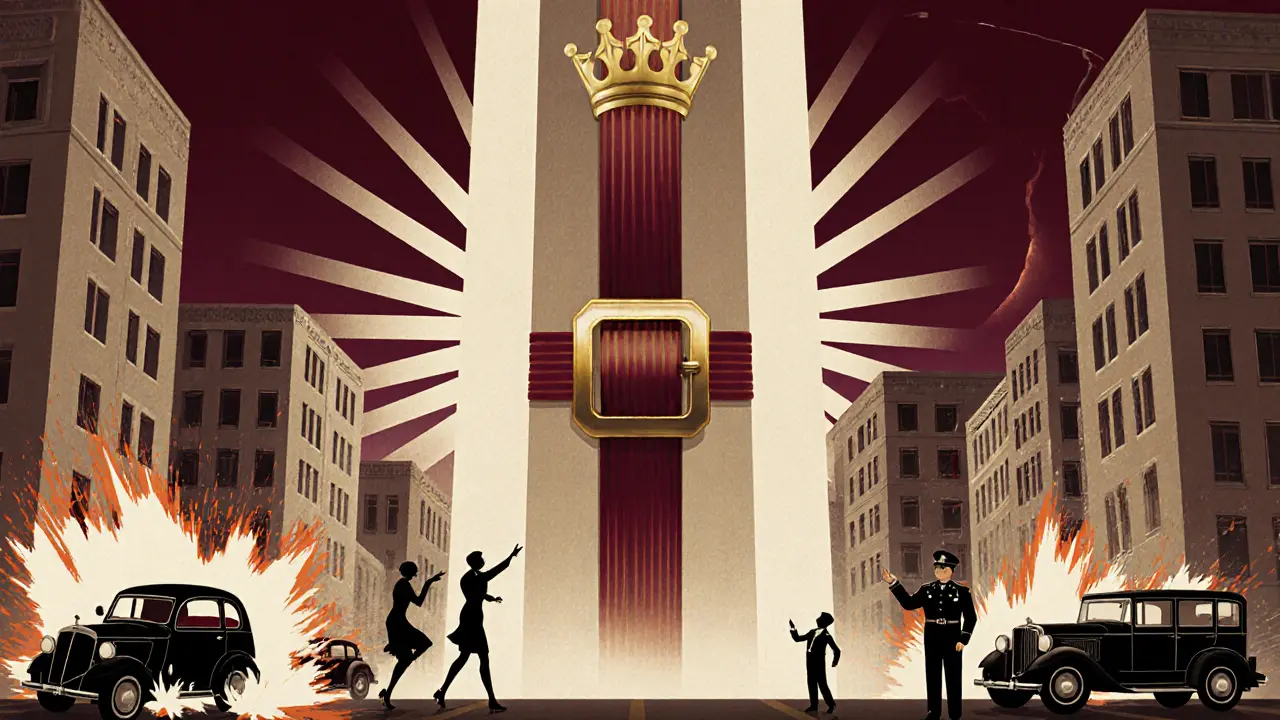 Гигантский ремень безопасности как монумент в городе, люди вокруг либо в безопасности, либо в хаосе.