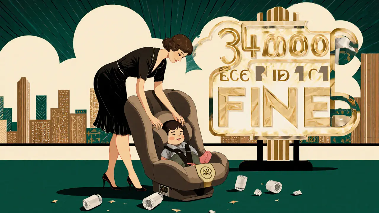 Мать устанавливает сертифицированное детское кресло, а старые адаптеры лежат рядом, на фоне — штраф 3000 рублей.