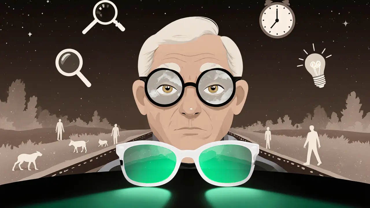Пожилой водитель с мутным хрусталиком, вокруг — призрачные силуэты, а очки с антибликовым покрытием светятся ярко на тёмной дороге.