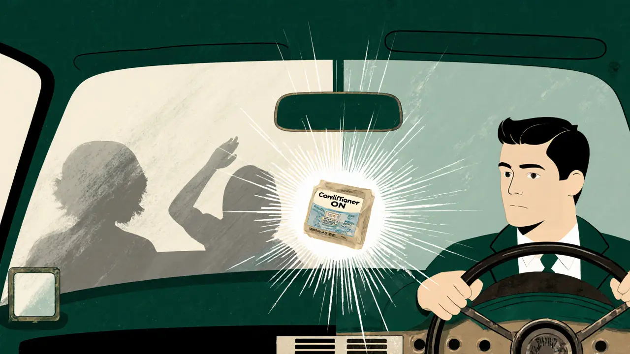 Разделённая сцена: запотевшее стекло слева и чистое справа с силикагелем и фильтром в стиле ар-деко.