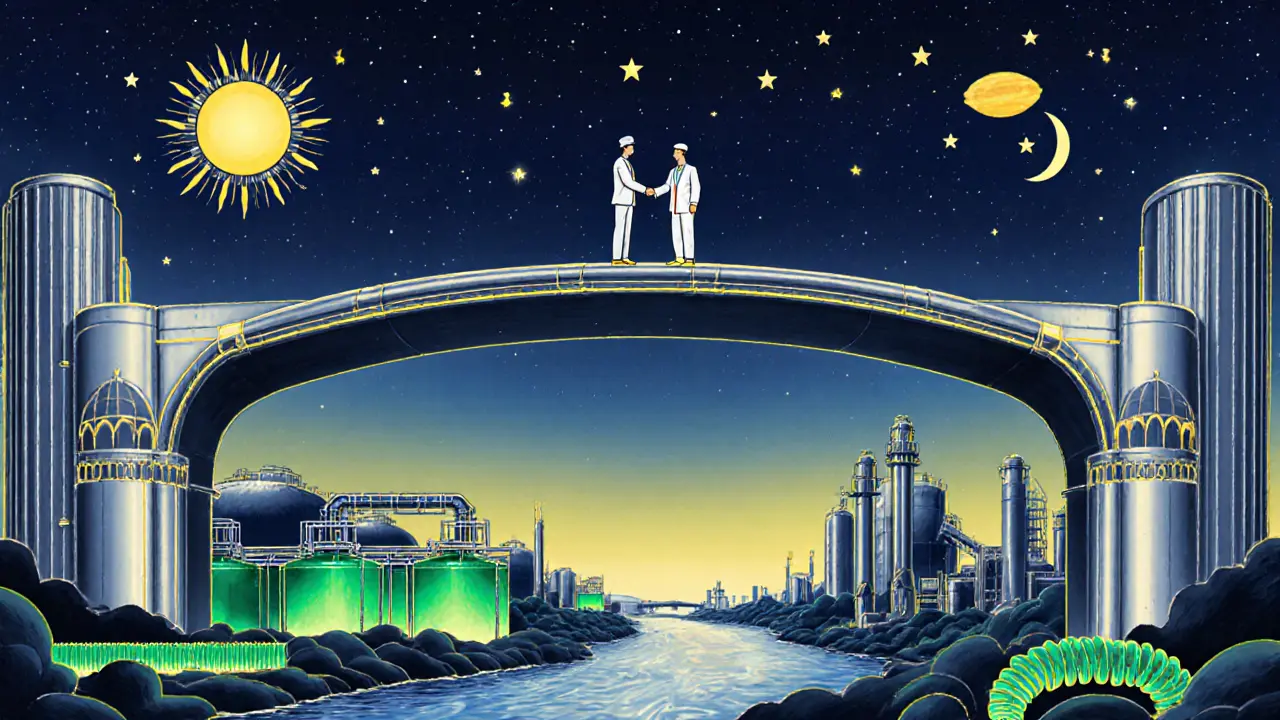 Российский химический завод с китайскими и российскими инженерами, руки пожимаются на мосту из трубопроводов под звёздным небом.