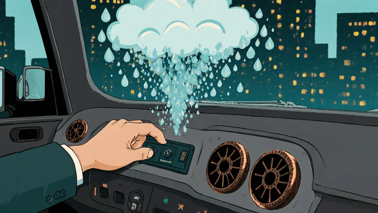 Рука переключает режим вентиляции в автомобиле, влага уходит через окно в геометрическом стиле ар-деко.