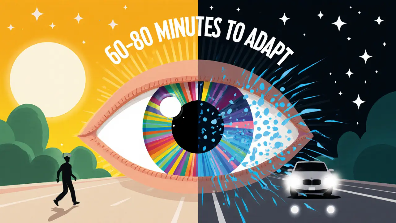 Сравнение дневного и ночного зрения: цветные колбочки и тусклые палочки, расширяющийся зрачок и ослепляющие фары в стиле ар-деко.