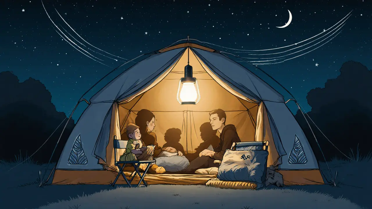 Уютный интерьер палатки с лампой, креслами и спальными местами ночью.