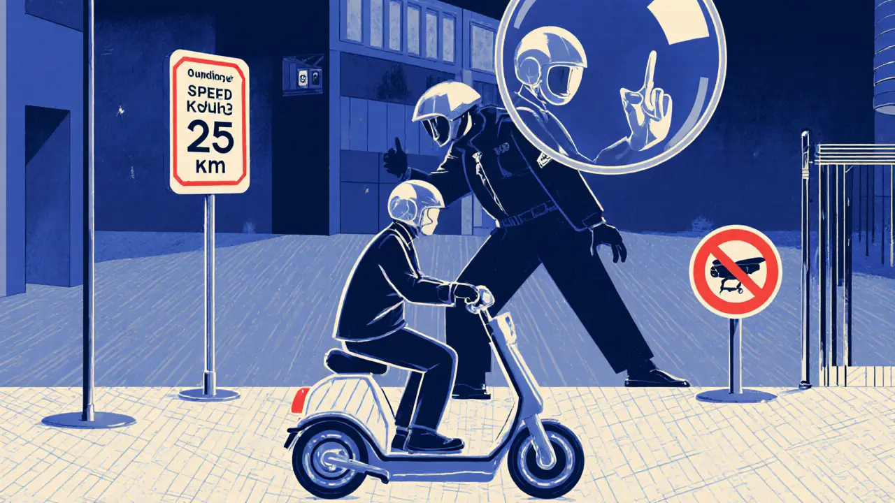 Велосамокатист едет по тротуару со скоростью 25 км/ч, над ним — запрещающий знак и камеры.