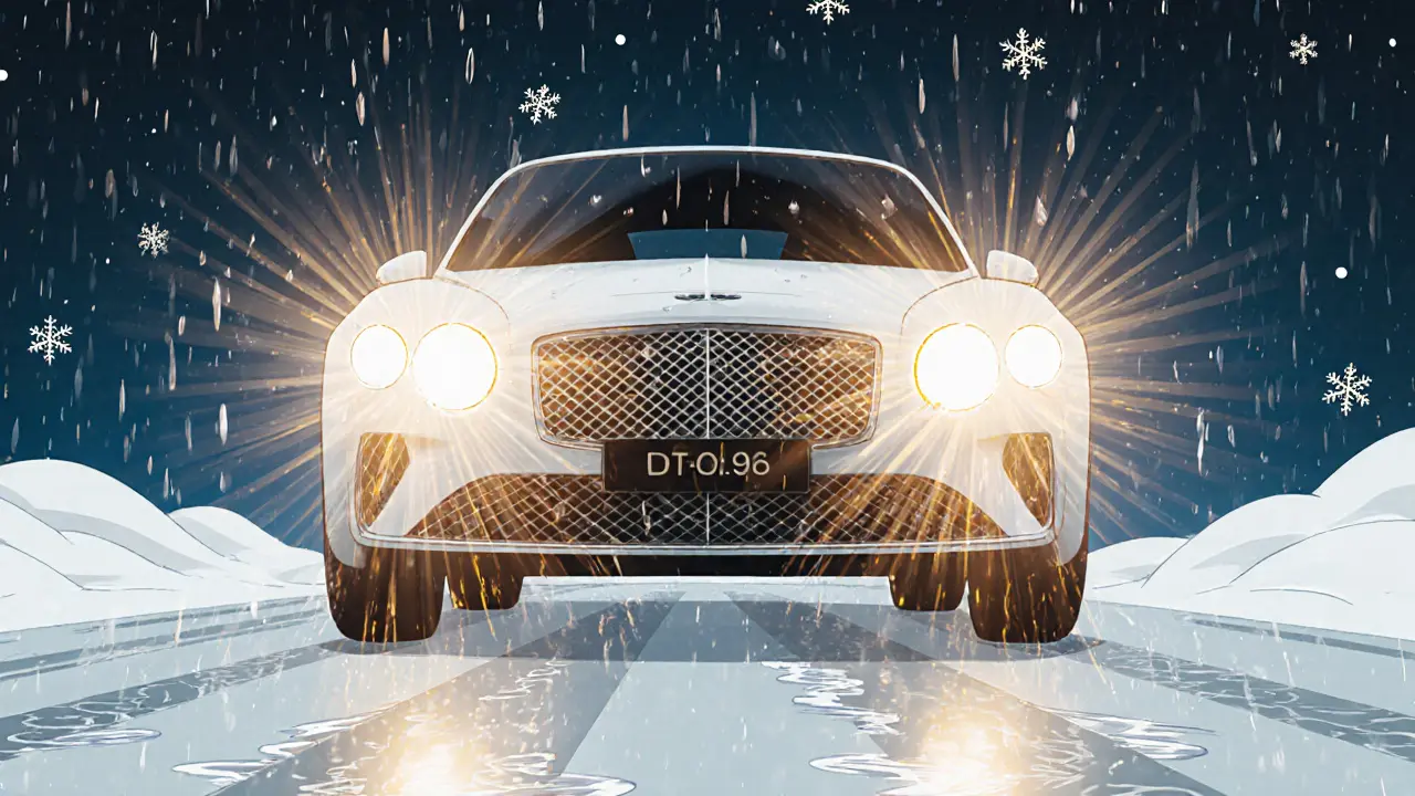 Адаптивные светодиодные фары, меняющие цвет при дожде, в стиле ар-деко с геометрическими узорами.