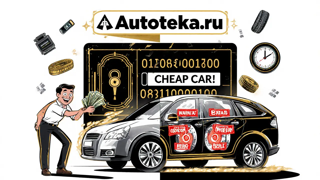 Двухчастная иллюстрация в стиле ар-деко: слева — обман, справа — реальность: изношенные тормоза, ремень ГРМ и шины под капотом автомобиля.