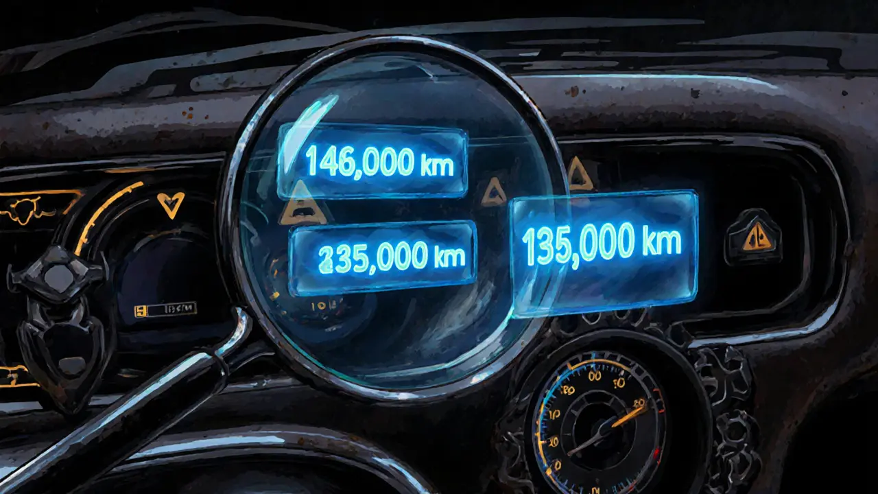 Иллюстрация в стиле ар-деко: увеличительное стекло показывает скрытые данные о пробеге в блоках управления, в то время как одометр обманывает.