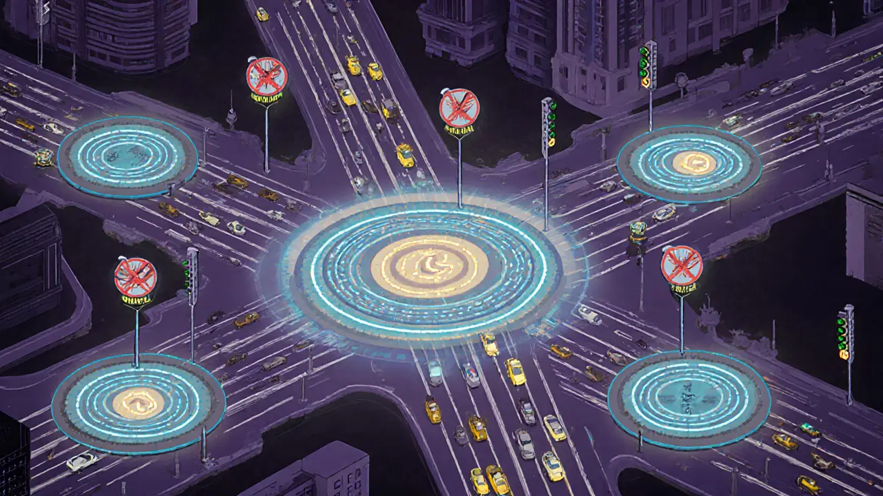 Обзор современного города с умными кольцевыми развязками в стиле ар-деко, 2025 год.