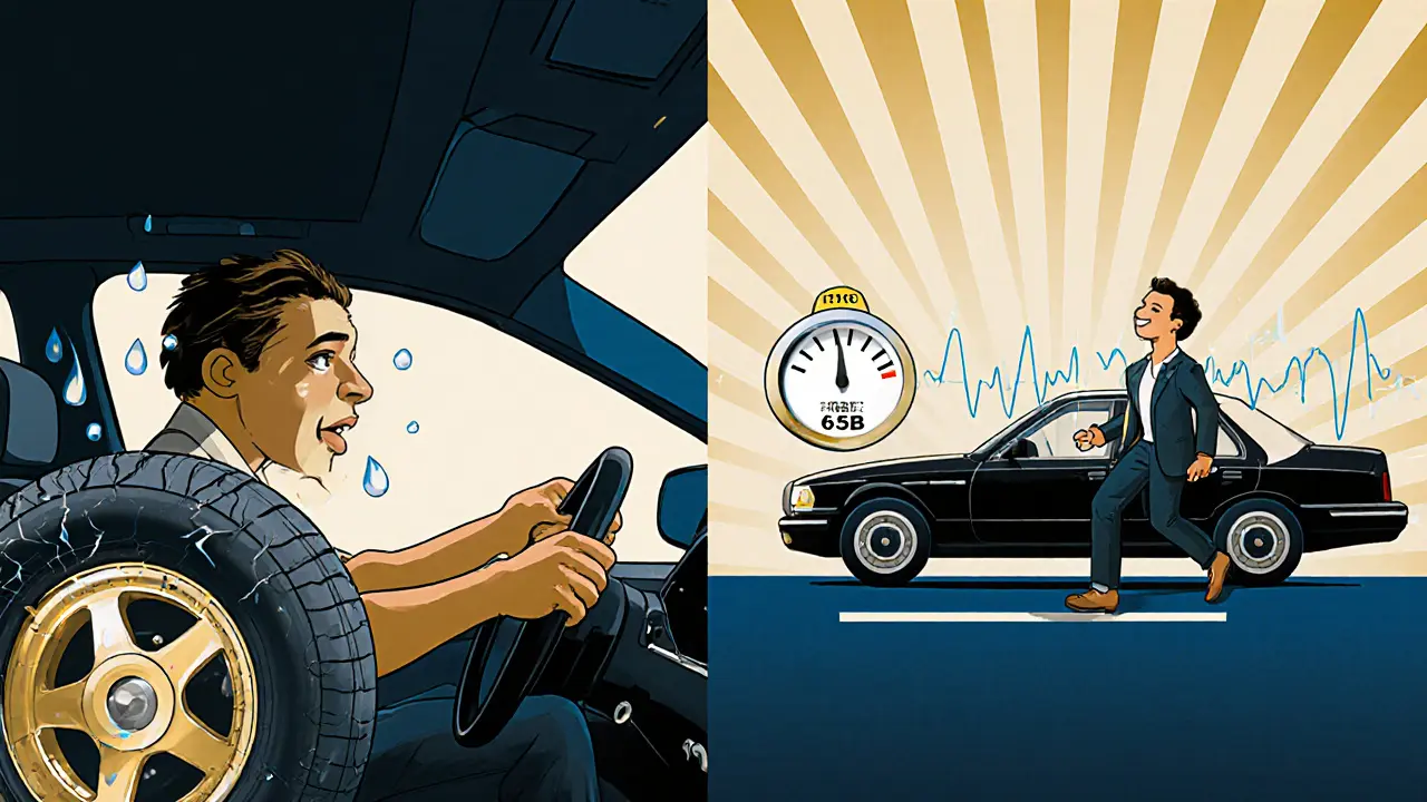 Сравнение шумных и тихих шин для такси: слева — вибрация и усталость, справа — спокойствие и комфорт.