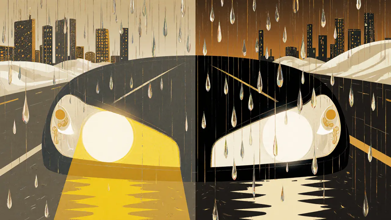 Сравнение жёлтого и тёплого белого света фар на мокрой дороге, художественная иллюстрация.