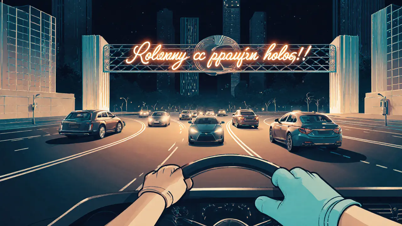 Водитель включает правый поворотник и съезжает с кольца с правой полосы, стиль ар-деко.