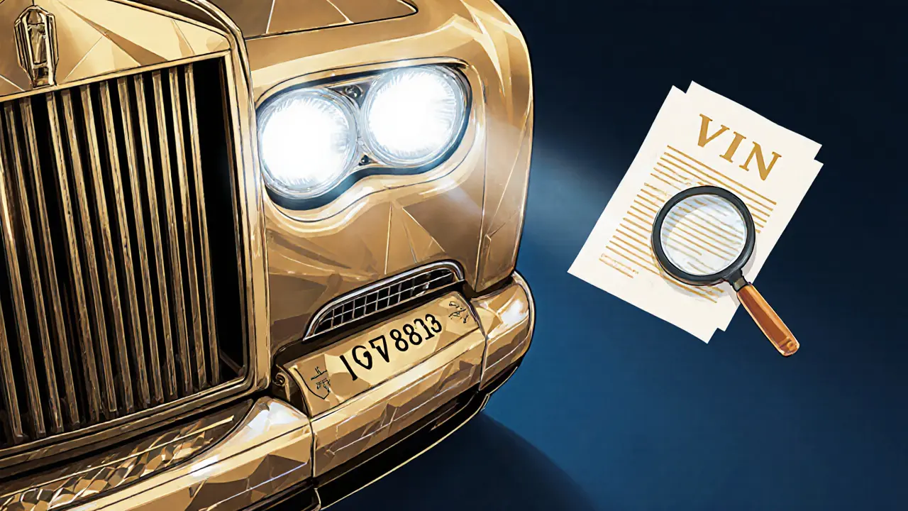 Блики фар и VIN-номер на кузове, проверяемые под увеличительным стеклом в декоративном стиле.