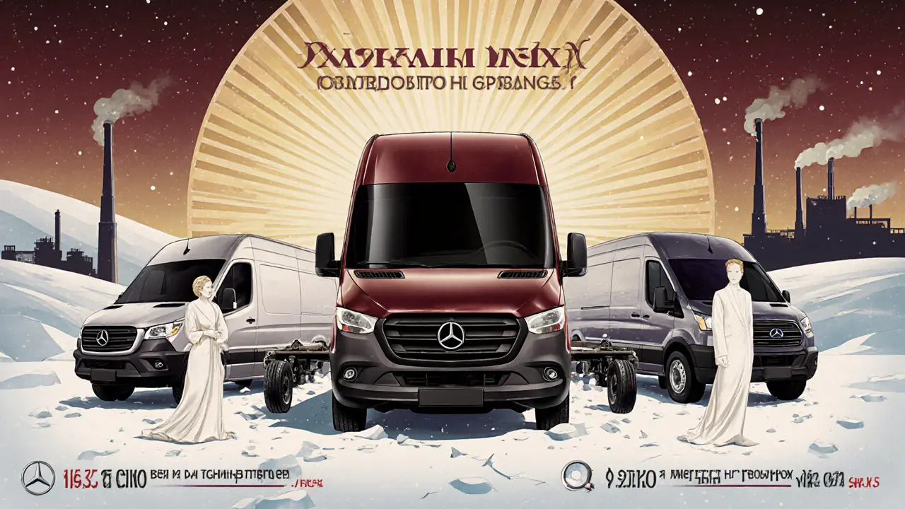 ГАЗель Next выше Mercedes и Ford Transit, с надписями о экономии, на фоне русской зимы.