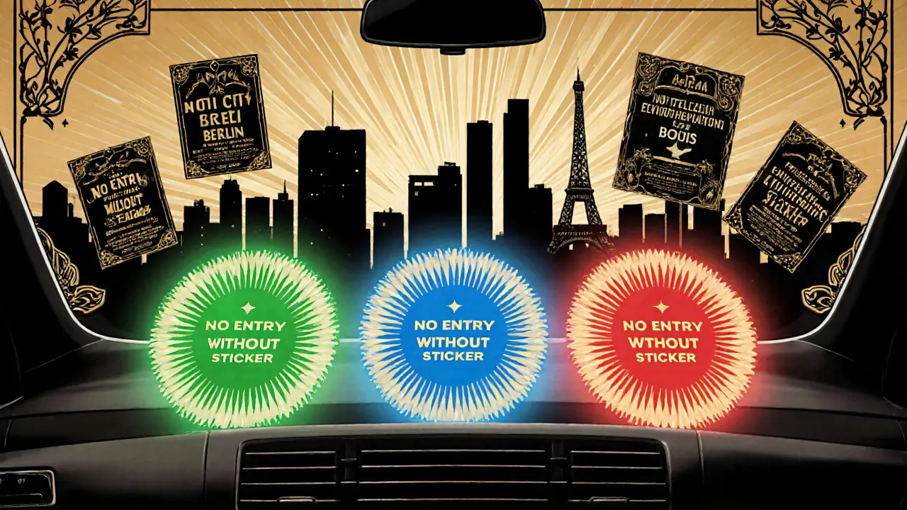 Лобовое стекло с экозонными наклейками и силуэтами европейских городов в декоративном стиле.