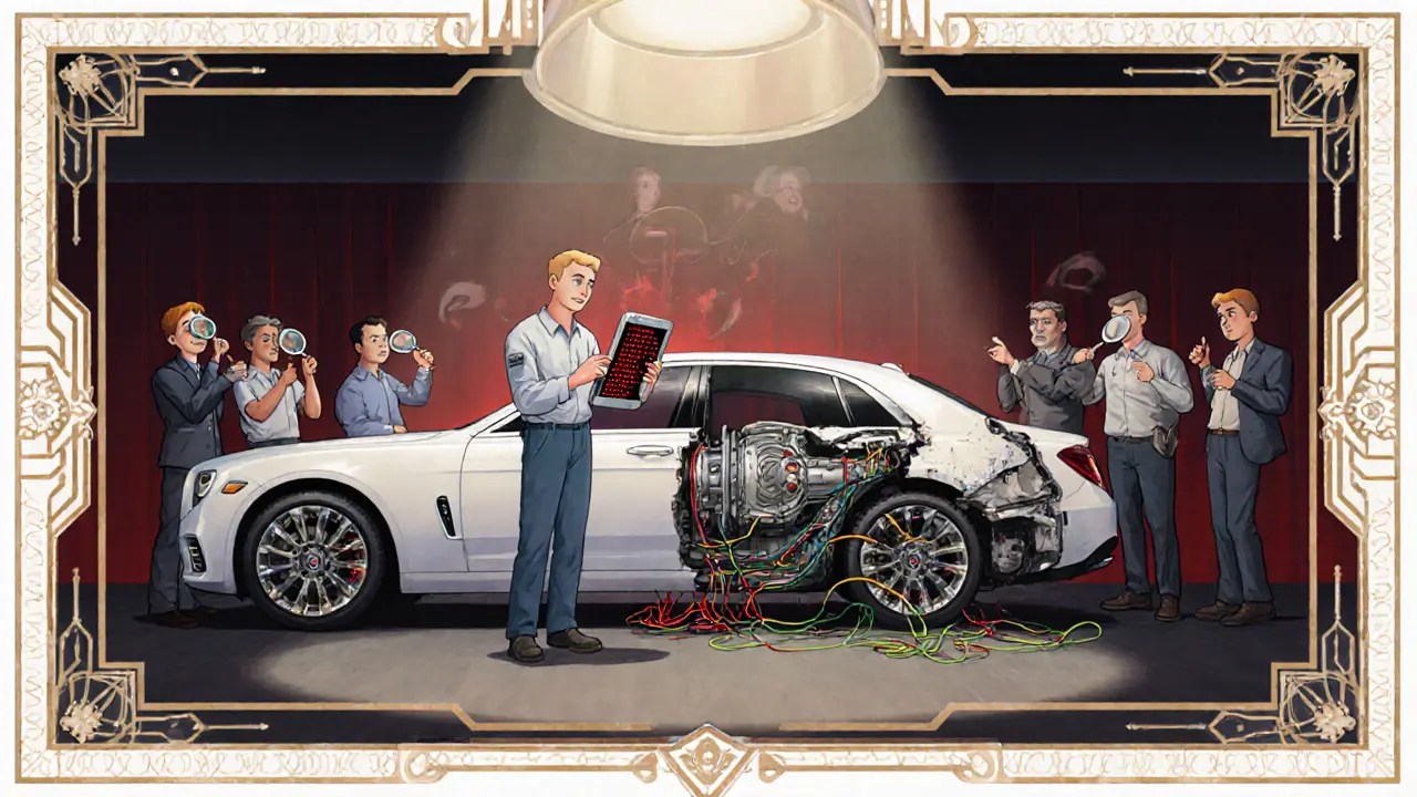 Механик показывает диагностику автомобиля с разрезанным кузовом, раскрывающим разрушенные узлы и предупреждающие коды.