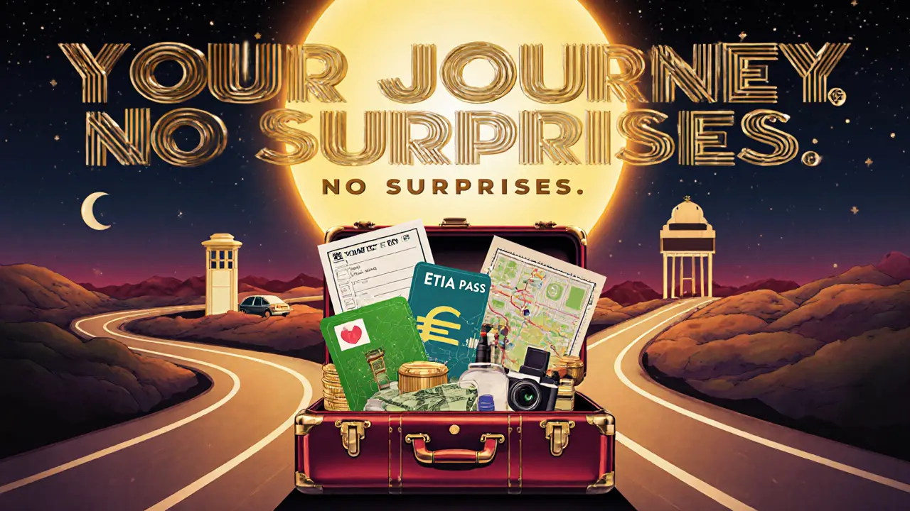 Открытый чемодан с дорожными документами и картой в стиле ар-деко, как роскошный дорожный атрибут.