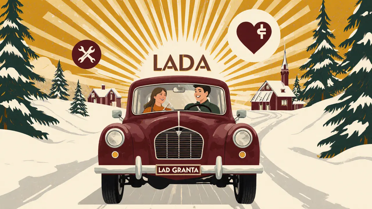 Пара в LADA Granta на снежной дороге с символами надежности и доступности