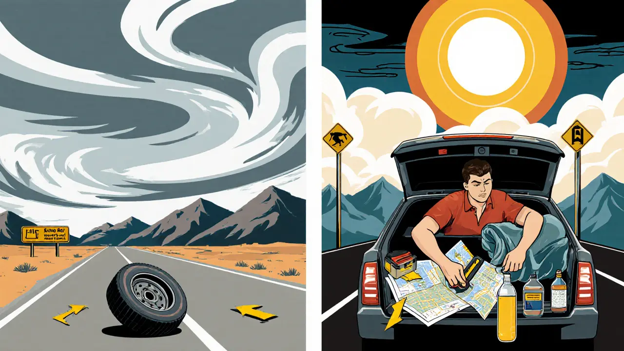 Разделённая сцена: водитель в бедствии слева и подготовленный путешественник справа в стиле ар-деко.