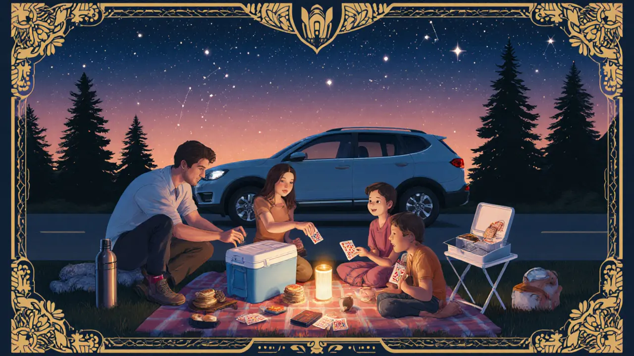 Семья у пикника на дороге с термосом, плитой и картами, в стиле ар-деко под звёздным небом.
