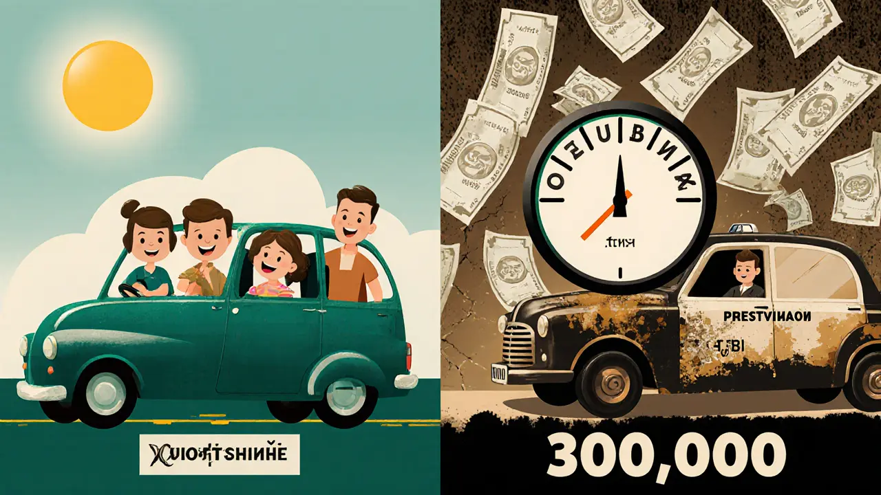 Сравнение: спокойная семья в чистой машине против одинокого водителя в сломанном такси с горой счетов за ремонт.