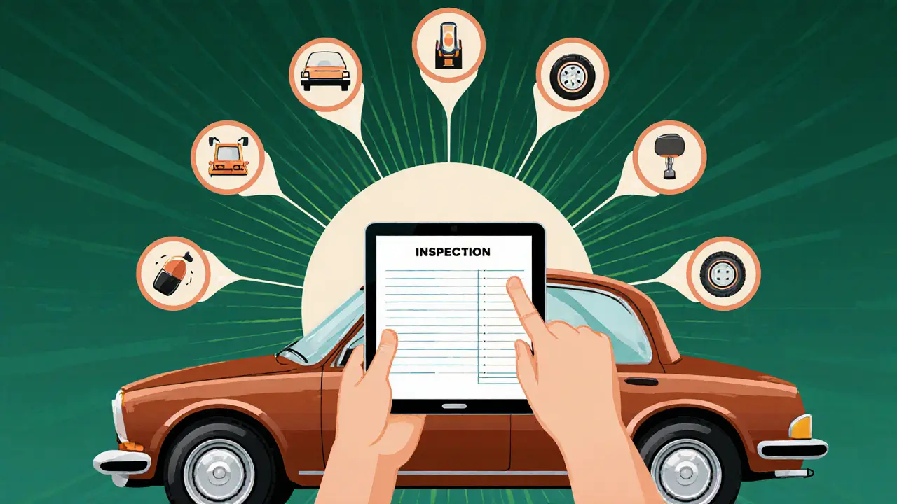 Водитель передаёт электронную карту техосмотра инспектору, вокруг — иконки ключевых проверок.