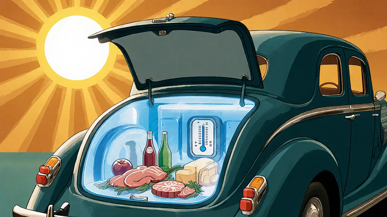 Автомобильный холодильник в багажнике с охлаждёнными продуктами на фоне жаркого солнца.