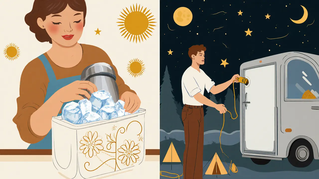 Разделённая сцена: термосумка и автохолодильник в сцене путешествия в стиле ар-деко.