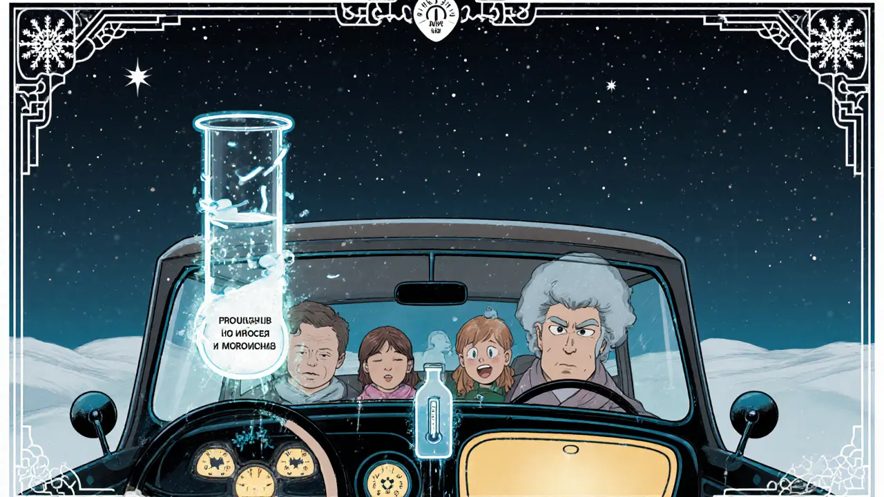 Семья в машине при морозе, тест-пробирка с чистой жидкостью и предупреждающий туман в стиле ар-деко.
