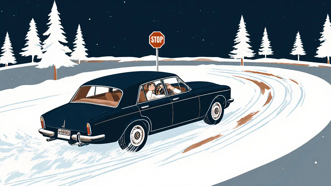 Водитель корректирует занос на повороте, руль повёрнут в сторону скольжения, за ним — метка остановки в 5 метров, ледяной пейзаж в стиле ар-деко.