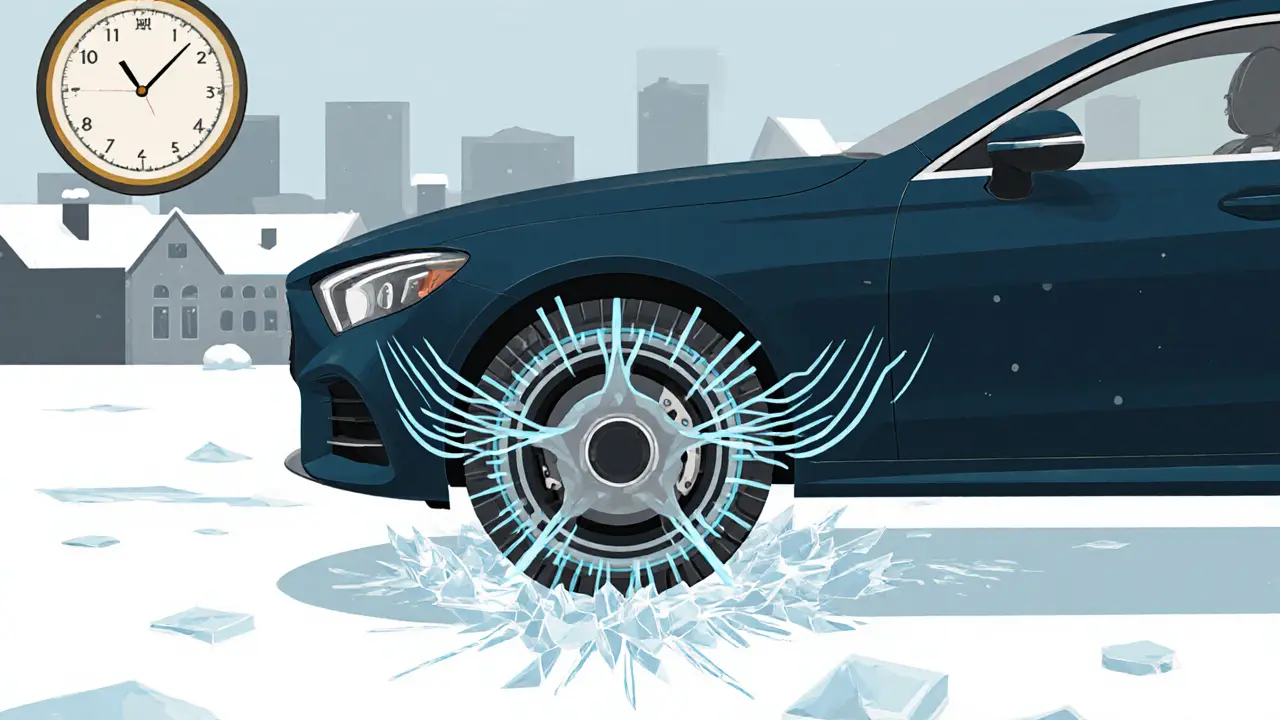 Водитель тормозит на льду с включенной системой ABS, отпечатки торможения в виде волн, машина устойчива, вокруг — снежный город.