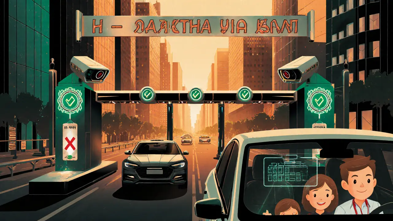 Город 2026 года: камеры проверяют авто, машины без страховки отмечены красными крестами, одна проходит с зелёной голографической отметкой.
