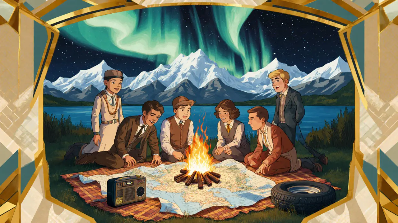 Группа путешественников у костра у Байкала с картой, радио и запасным колесом.