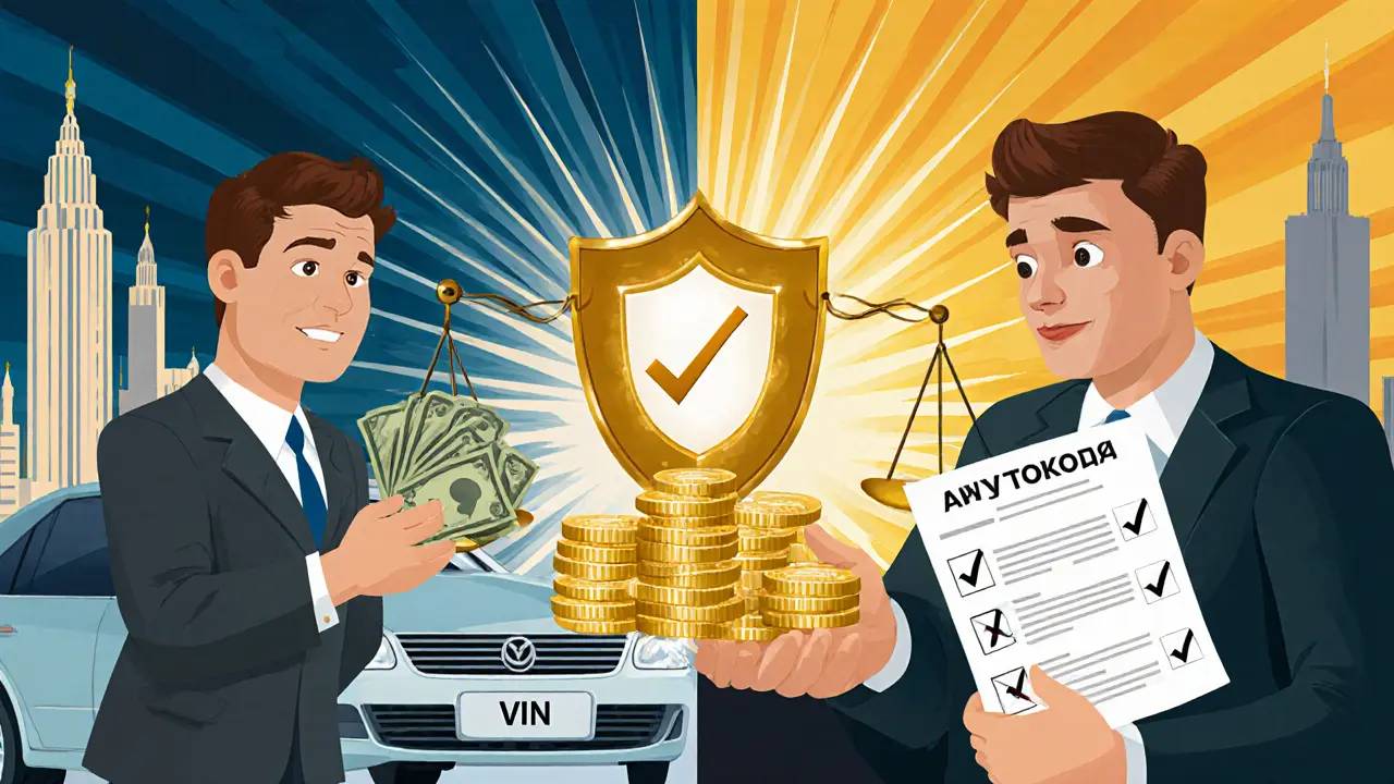 Разделённая сцена: мошенничество слева, безопасная покупка справа, с золотой чашей весов.