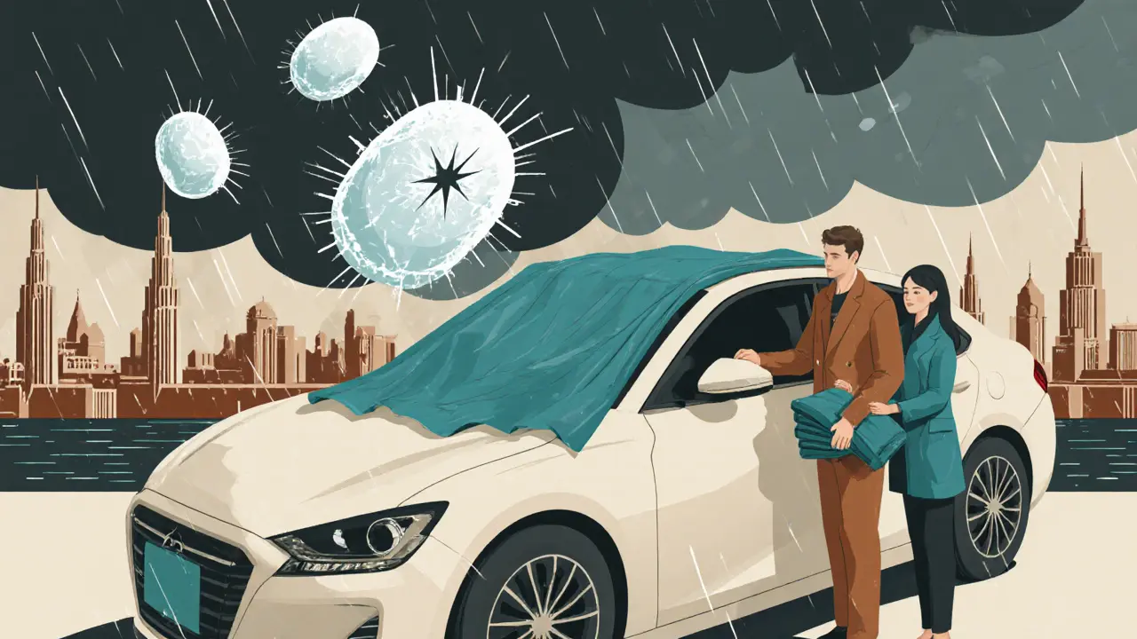 Семья устанавливает защитный тент на машину, за ними — гроза и город в стиле ар-деко.