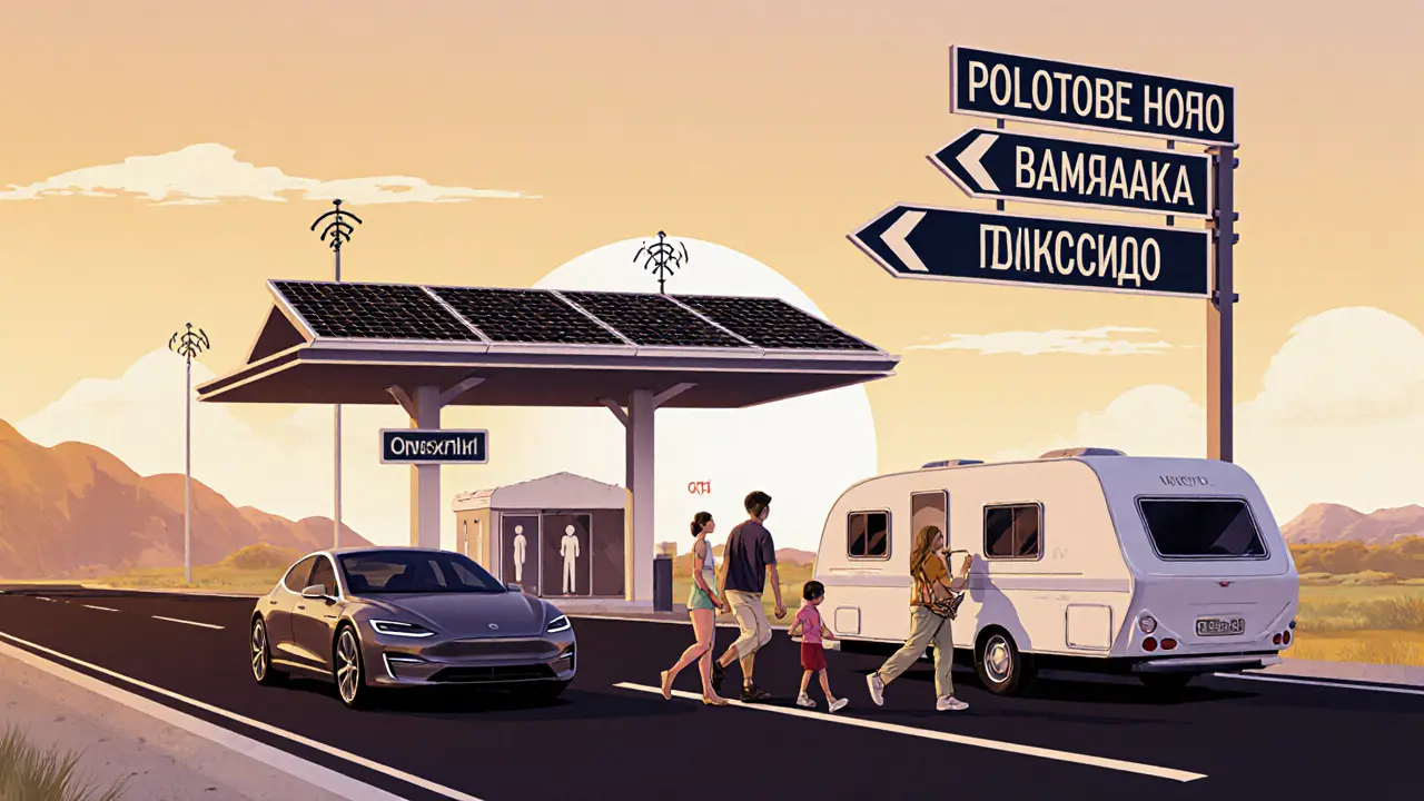 Современная автозаправка на трассе с электромобилями и семьёй в прицепе.