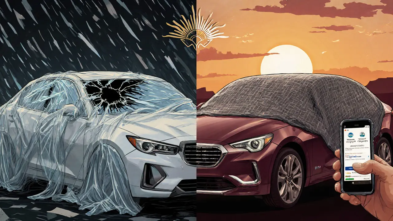 Сравнение: разрушенная машина слева и целая под тентом справа, в стиле ар-деко.