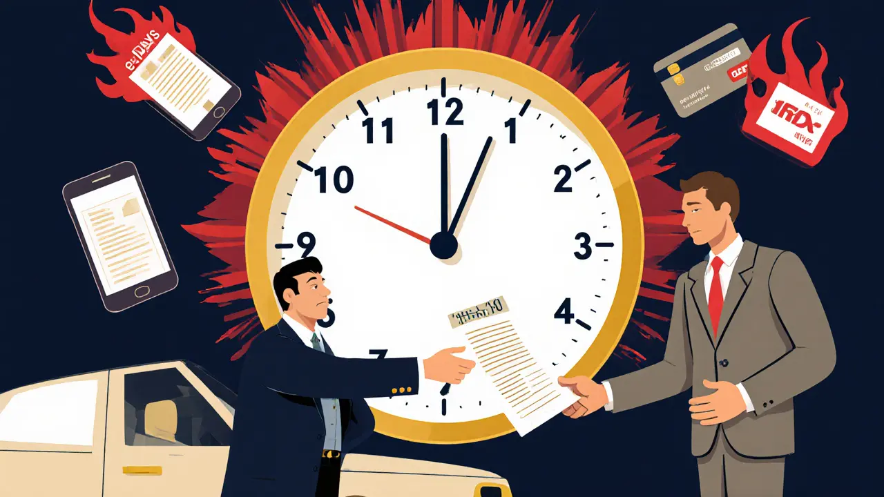 Водитель передаёт квитанцию инспектору, вокруг — часы, телефон с полисом, горящий поддельный документ и списание с карты.