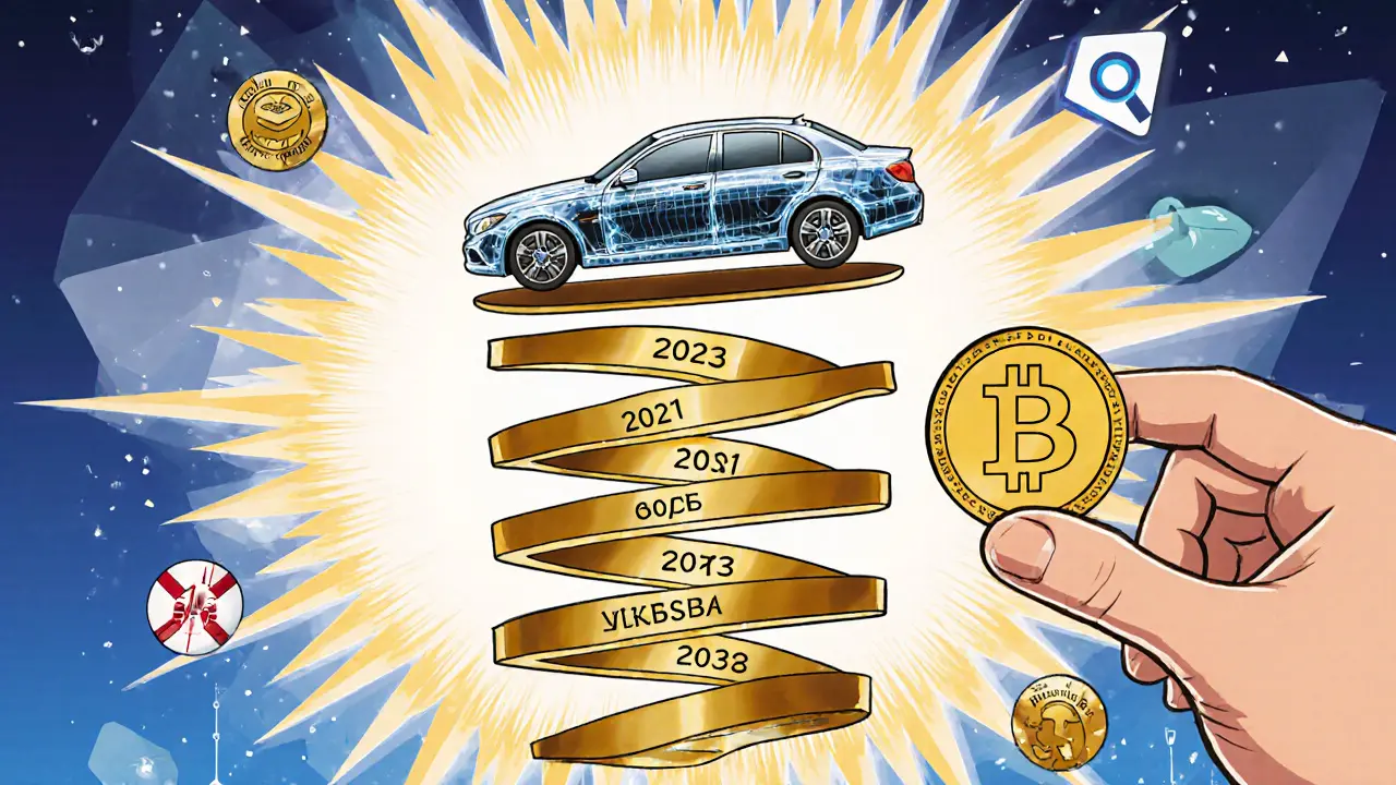 Золотая блокчейн-спираль через кузов машины с отметками истории, AI-анализ и монета 199 руб.