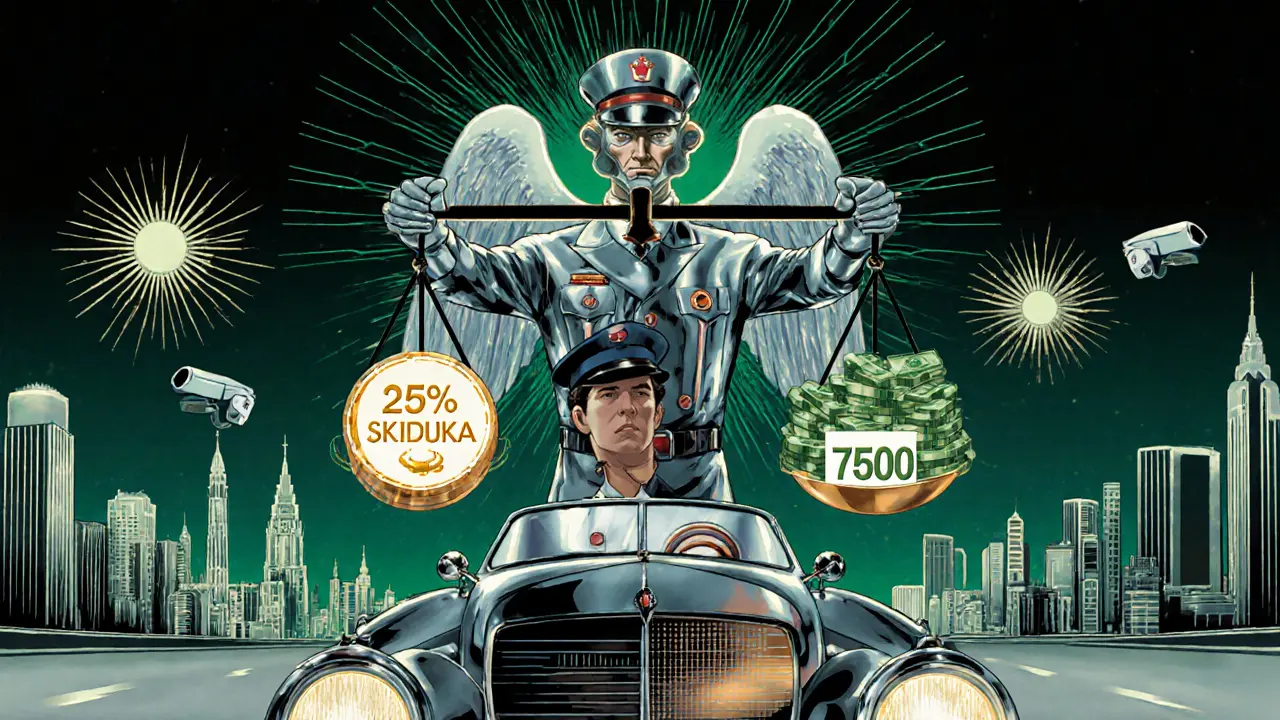 Хромированный инспектор с весами, сравнивающими скидку 25% и штраф 7500 рублей.