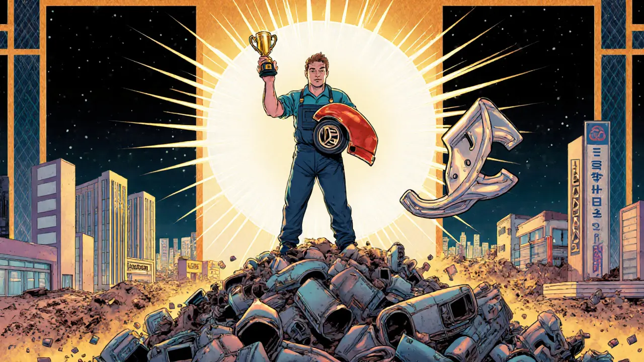 Механик держит оригинальную деталь на фоне разрушающихся автосалонов и порталом в Токио в стиле ар-деко.