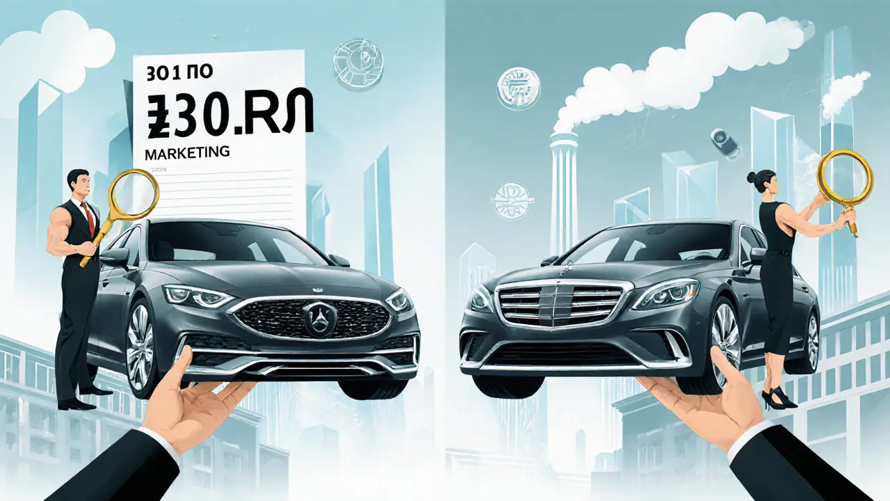 Разделённая сцена: дорогой оригинал слева, качественный аналог справа, с фигурами Маркетинга и Инженерии в стиле ар-деко.