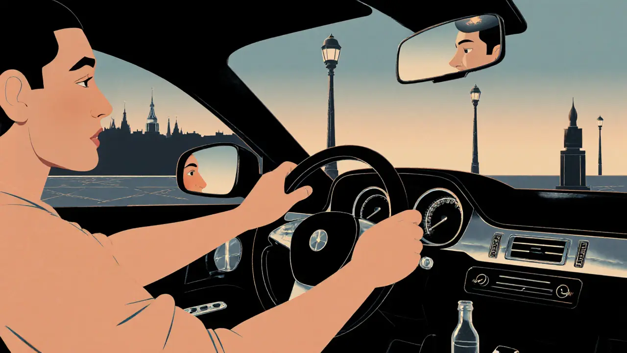 Руки за рулем, голова поворачивается вправо, рядом — бутылка как метка для тренировки.